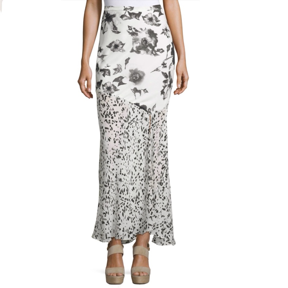 HAUTE HIPPIE swan black white floral dots silk mixed print maxi skirt